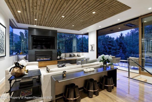 Fireplace, Interior, Living room, Recessed Lighting, Wooden Ceilings, Wood Texture Flooring