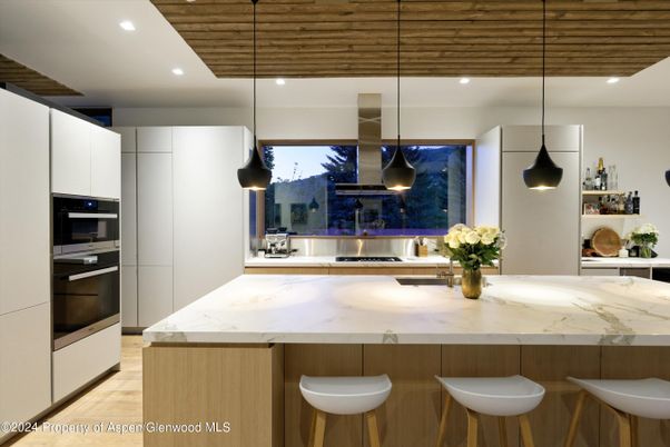 Interior, Kitchen, Pendant Lights, Recessed Lighting, Stainless Steel Appliances, Wooden Ceilings, Wood Texture Flooring