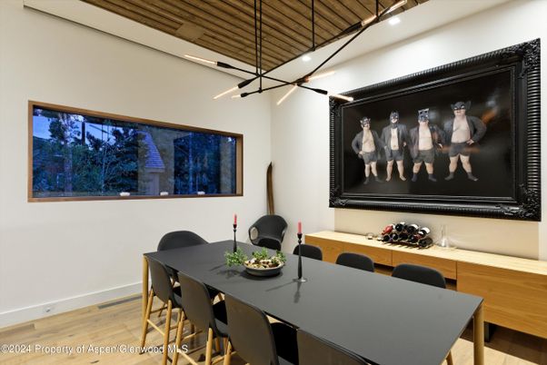Dining room, Interior, Pendant Lights, Wood Texture Flooring