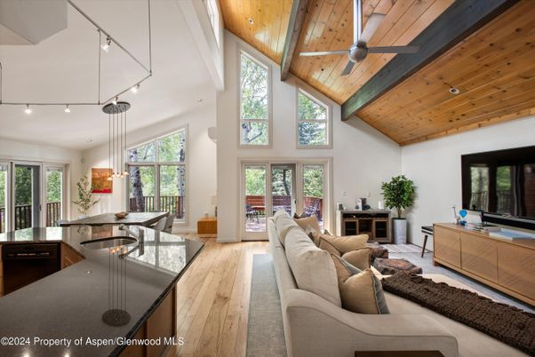 Interior, Living room, Pendant Lights, Recessed Lighting, Wooden Beams, Wooden Ceilings, Wood Texture Flooring