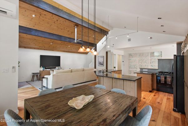 Interior, Kitchen, Living room, Pendant Lights, Recessed Lighting, Wooden Beams, Wood Texture Flooring