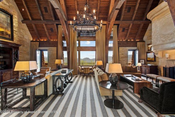 Chandelier, Fireplace, Interior, Living room, Stone Walls, Wooden Beams, Wooden Ceilings, Wooden Walls