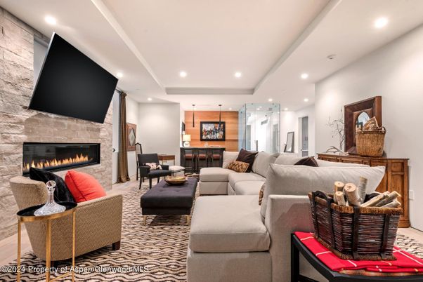 Fireplace, Interior, Living room, Pendant Lights, Recessed Lighting, Stone Walls