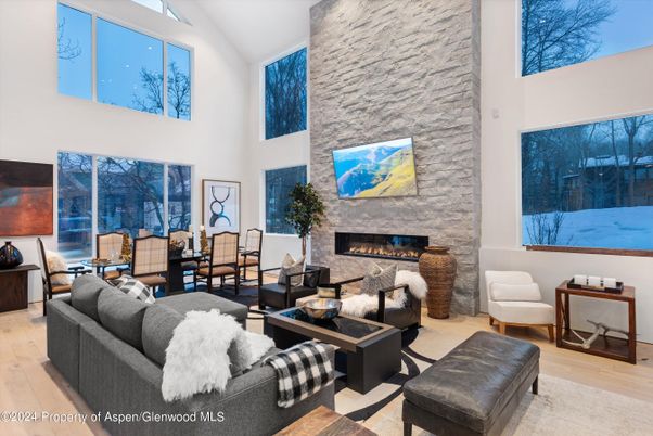 Dining room, Fireplace, Interior, Living room, Stone Walls, Wood Texture Flooring