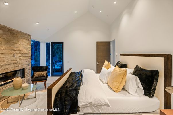 Bedroom, Fireplace, Interior, Recessed Lighting, Stone Walls