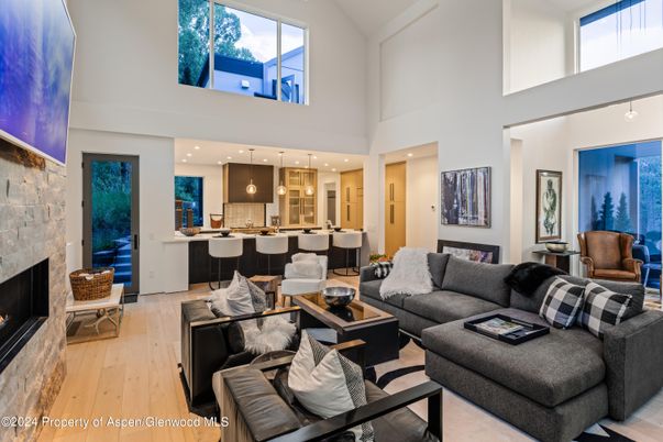 Fireplace, Interior, Kitchen, Living room, Pendant Lights, Recessed Lighting, Wood Texture Flooring