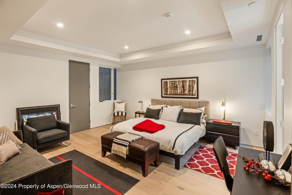 Bedroom, Interior, Recessed Lighting, Wood Texture Flooring