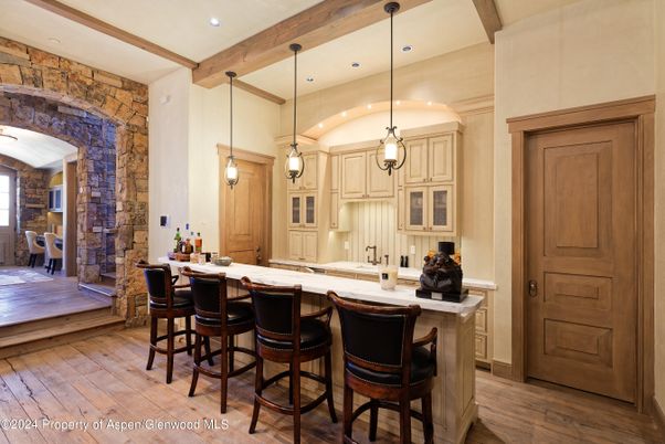 Interior, Kitchen, Pendant Lights, Recessed Lighting, Stone Walls, Wooden Beams, Wood Texture Flooring