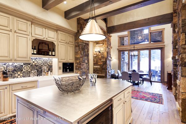 Dining room, Interior, Kitchen, Pendant Lights, Recessed Lighting, Stone Walls, Wooden Beams, Wood Texture Flooring