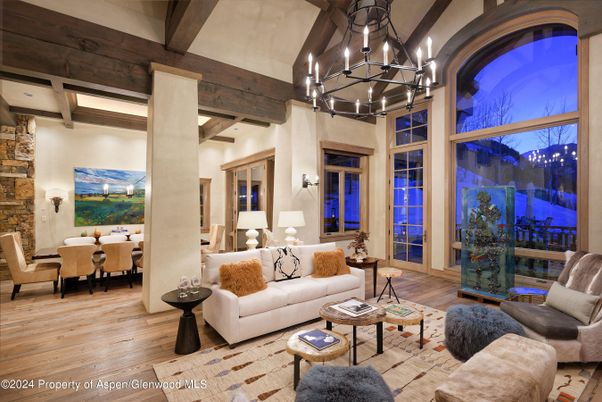 Chandelier, Dining room, Interior, Living room, Stone Walls, Wooden Beams, Wood Texture Flooring