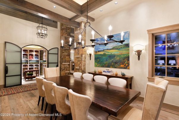 Chandelier, Dining room, Interior, Pendant Lights, Recessed Lighting, Wooden Beams, Wood Texture Flooring