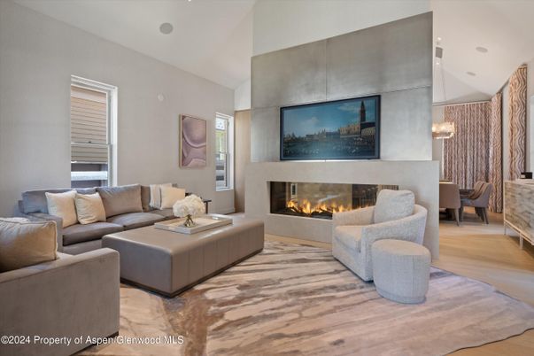 Dining room, Fireplace, Interior, Living room, Pendant Lights, Recessed Lighting, Wood Texture Flooring