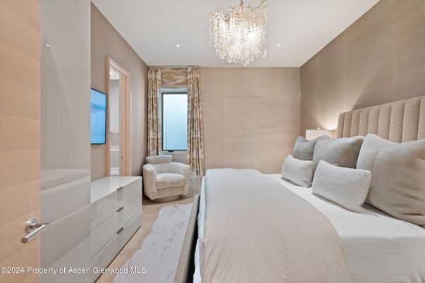 Bedroom, Chandelier, Interior, Recessed Lighting, Wood Texture Flooring