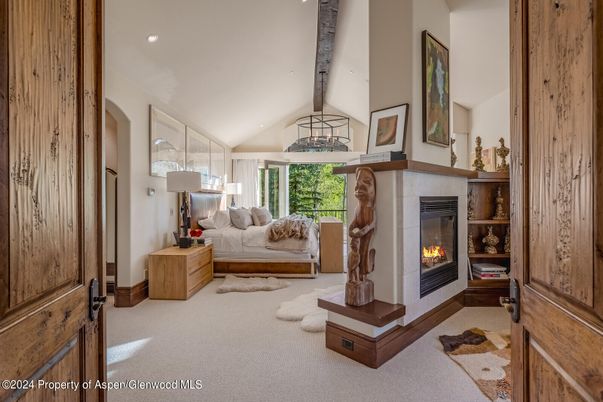 Bedroom, Fireplace, Interior, Recessed Lighting, Wooden Beams