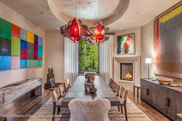 Dining room, Fireplace, Interior, Pendant Lights, Recessed Lighting, Wood Texture Flooring