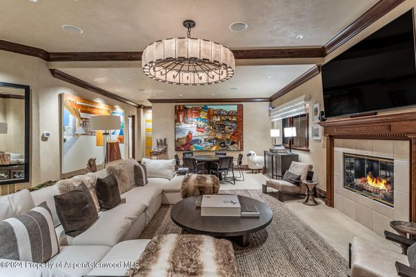 Chandelier, Dining room, Fireplace, Interior, Living room, Recessed Lighting