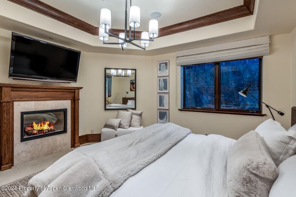Bedroom, Chandelier, Fireplace, Interior
