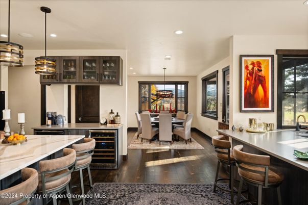 Dining room, Interior, Pendant Lights, Recessed Lighting, Wood Texture Flooring