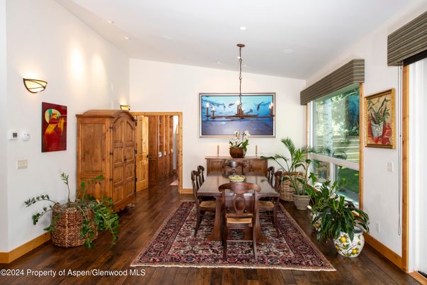 Dining room, Interior, Pendant Lights, Recessed Lighting, Wood Texture Flooring