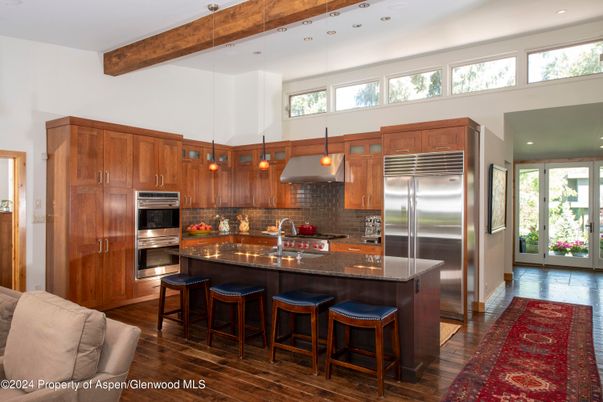 Interior, Kitchen, Pendant Lights, Recessed Lighting, Stainless Steel Appliances, Wooden Beams, Wood Texture Flooring