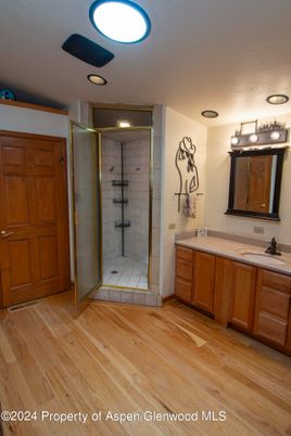 Bathroom, Glass Shower, Interior, Wood Texture Flooring