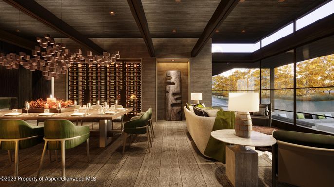 Dining room, Interior, Living room, Recessed Lighting, Water, Wine Storage, Wood Texture Flooring