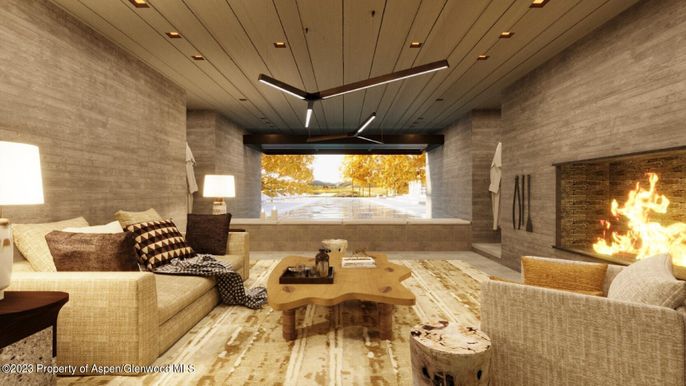 Fireplace, Interior, Living room, Recessed Lighting, Stone Walls, Wooden Ceilings, Wood Texture Flooring