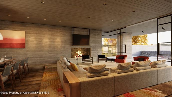 Dining room, Fireplace, Interior, Living room, Recessed Lighting, Stone Walls, Wood Texture Flooring
