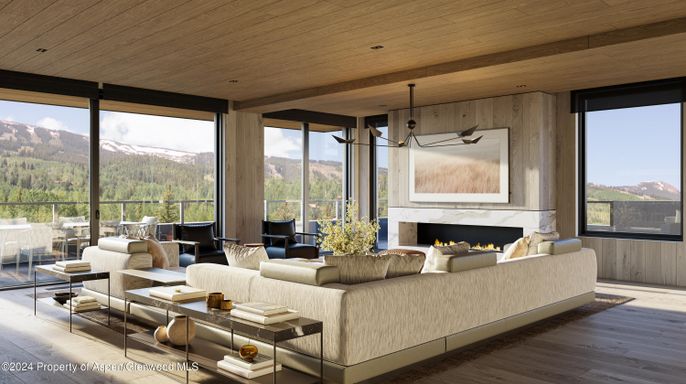 Fireplace, Interior, Living room, Pendant Lights, Recessed Lighting, Wooden Ceilings, Wood Texture Flooring