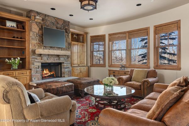 Fireplace, Interior, Living room, Recessed Lighting, Stone Walls