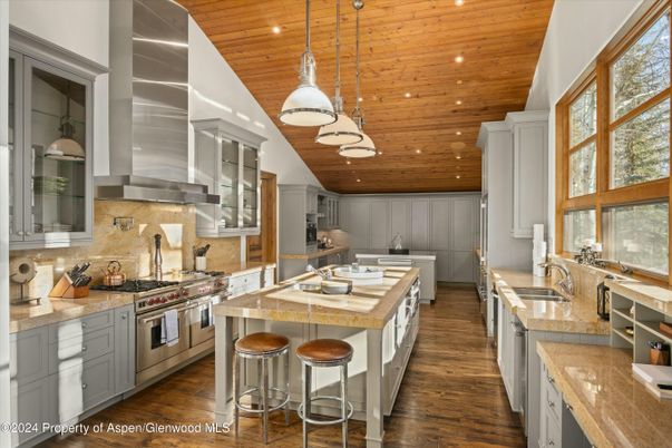 Interior, Kitchen, Pendant Lights, Recessed Lighting, Stainless Steel Appliances, Wooden Ceilings, Wood Texture Flooring