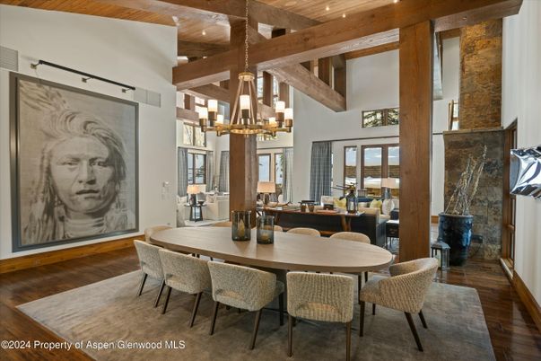 Dining room, Fireplace, Interior, Living room, Pendant Lights, Recessed Lighting, Wooden Beams, Wooden Ceilings, Wood Texture Flooring
