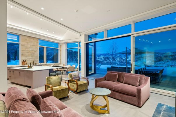 Dining room, Interior, Living room, Recessed Lighting, Stone Walls