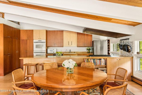 Dining room, Interior, Kitchen, Stainless Steel Appliances, Wooden Beams, Wood Texture Flooring