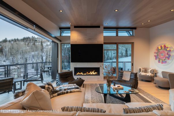 Fireplace, Interior, Living room, Recessed Lighting, Wooden Ceilings, Wood Texture Flooring