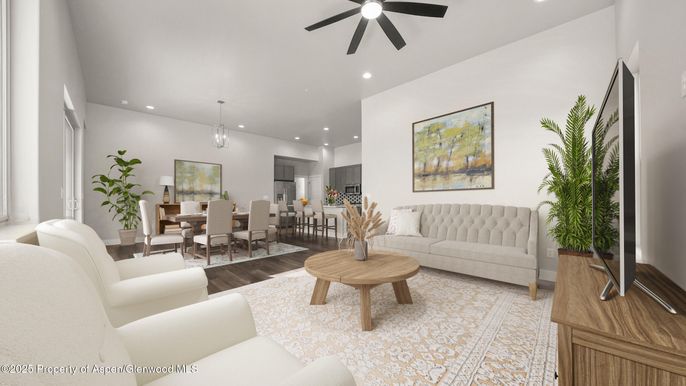 Dining room, Interior, Living room, Pendant Lights, Recessed Lighting, Wood Texture Flooring