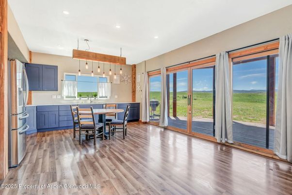 Dining room, Interior, Kitchen, Pendant Lights, Recessed Lighting, Wood Texture Flooring