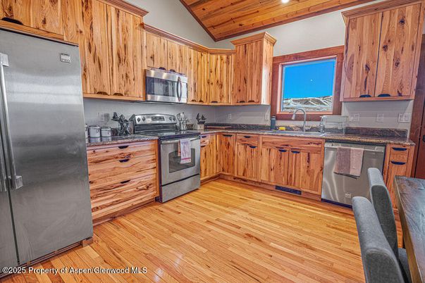 Interior, Kitchen, Recessed Lighting, Stainless Steel Appliances, Wooden Ceilings, Wood Texture Flooring