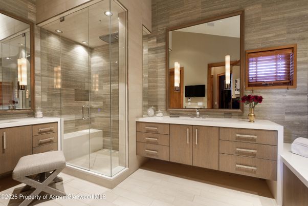 Bathroom, Dual Sink Vanities, Glass Shower, Interior, Recessed Lighting