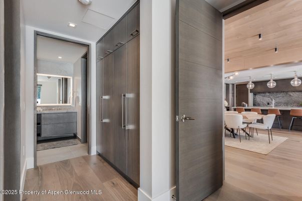 Dining room, Interior, Pendant Lights, Recessed Lighting, Wood Texture Flooring