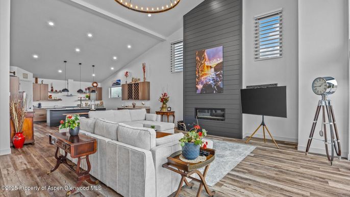 Fireplace, Interior, Kitchen, Living room, Pendant Lights, Recessed Lighting, Wood Texture Flooring