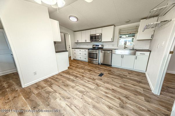 Interior, Kitchen, Stainless Steel Appliances, Wood Texture Flooring