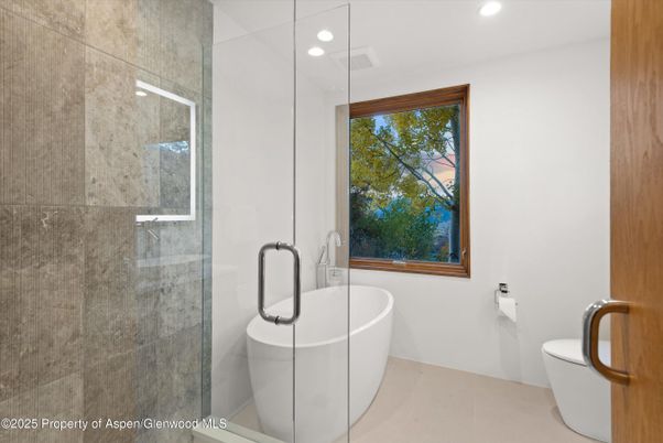 Bathroom, Free Standing Baths, Glass Shower, Interior, Recessed Lighting