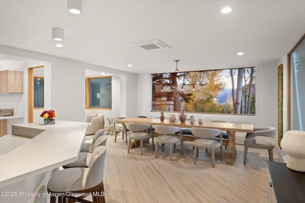 Dining room, Interior, Recessed Lighting, Wood Texture Flooring