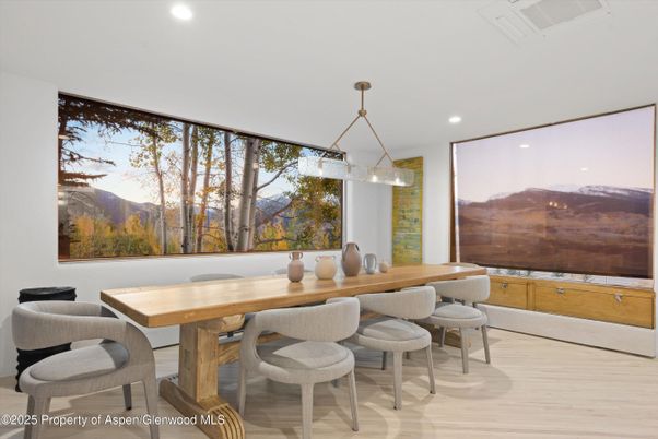 Dining room, Interior, Pendant Lights, Recessed Lighting, Wood Texture Flooring
