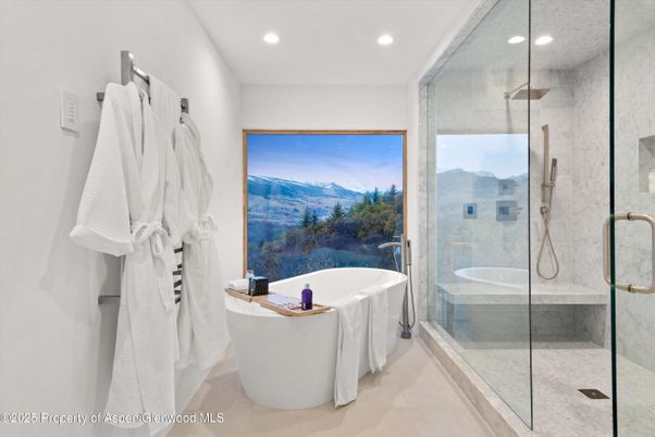 Bathroom, Free Standing Baths, Glass Shower, Interior, Marble Walls, Recessed Lighting