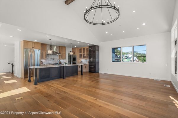 Interior, Kitchen, Pendant Lights, Recessed Lighting, Stainless Steel Appliances, Wooden Beams, Wood Texture Flooring