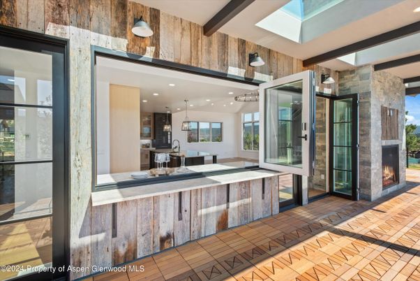 Fireplace, Interior, Kitchen, Pendant Lights, Recessed Lighting, Wooden Beams