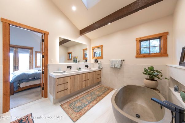 Bathroom, Dual Sink Vanities, Fireplace, Free Standing Baths, Interior, Marble, Recessed Lighting, Wooden Beams