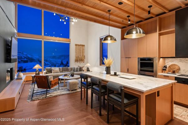 Fireplace, Interior, Kitchen, Living room, Pendant Lights, Stainless Steel Appliances, Wooden Beams, Wooden Ceilings, Wood Texture Flooring